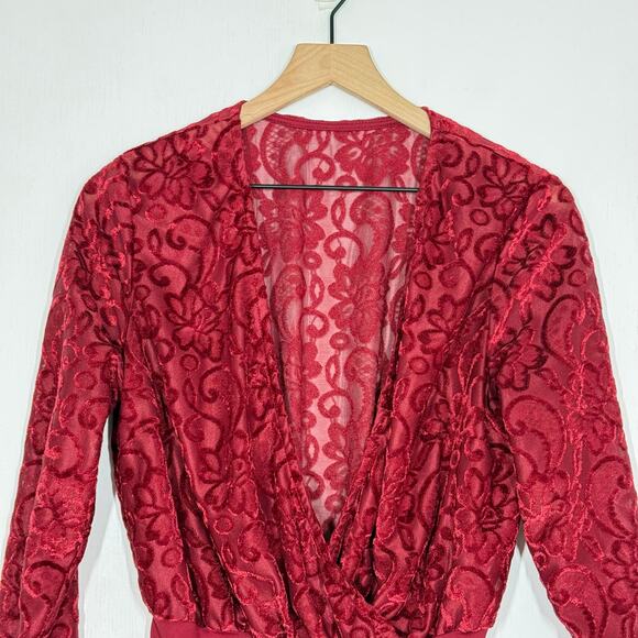 Velvet Burnout Bodysuit M Red Floral Lace Plunge V-Neck Long Sleeve Whimsygoth - Picture 3 of 9